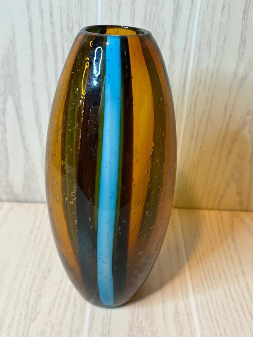 Pier 1 Amber Glass Vase with Blue Stripe Bubble Glass